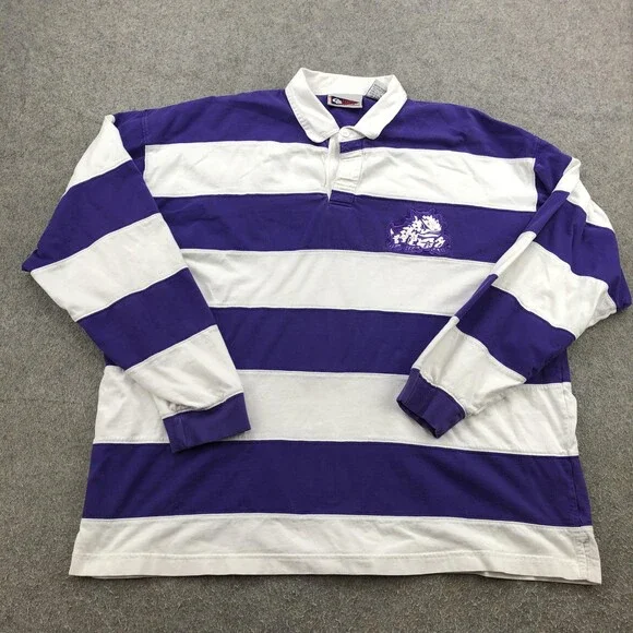 TCU Horned Frogs Polo Shirt Mens 2XL Purple White Striped Rugby Long Sleeve Y2K - Picture 1 of 9